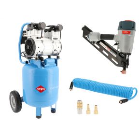 Compresseur Vertical Silencieux Sans Huile LMVO 40-250 + Cloueuse Type D-90 + Tuyau spiralé PU de 10 m