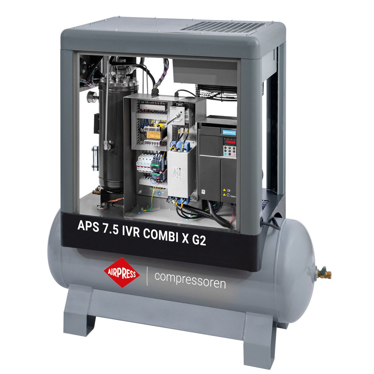 Vue de face du compresseur à vis APS 7,5 IVR Combi Airpress